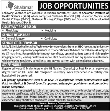 Jobs in Shalamar Institute of Health Sciences Lahore